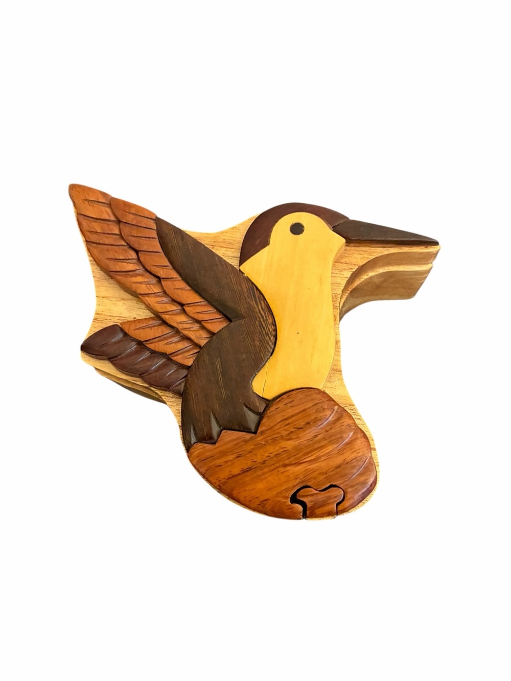 Handcrafted Intarsia Wood Hummingbird Puzzle Box Secret Trinket Compartment